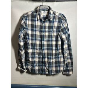 Men's Medium Button Down Plaid Long Serve Blue Grey Green